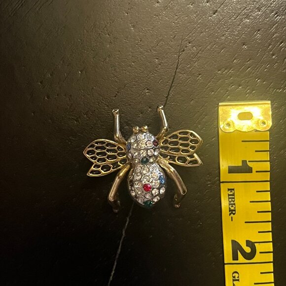 Vintage Gold and Silver Tone Rhinestone Bee Brooch with Enamel Textured Wings - Picture 5 of 5